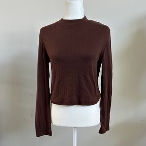 Classic Women's Long Sleeve Ribbed Top mock turtleneck- Coffee Bean Brown